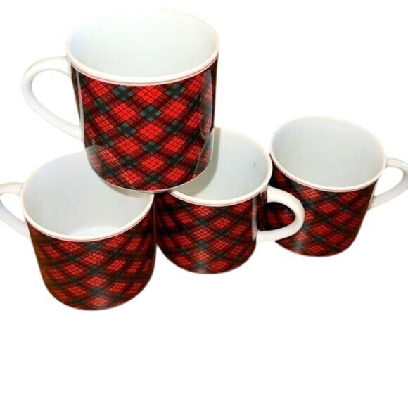 Set Of 4 Toscany Plaid Mugs Red & Black Ceramic 3" Tall Japan - Picture 1 of 5